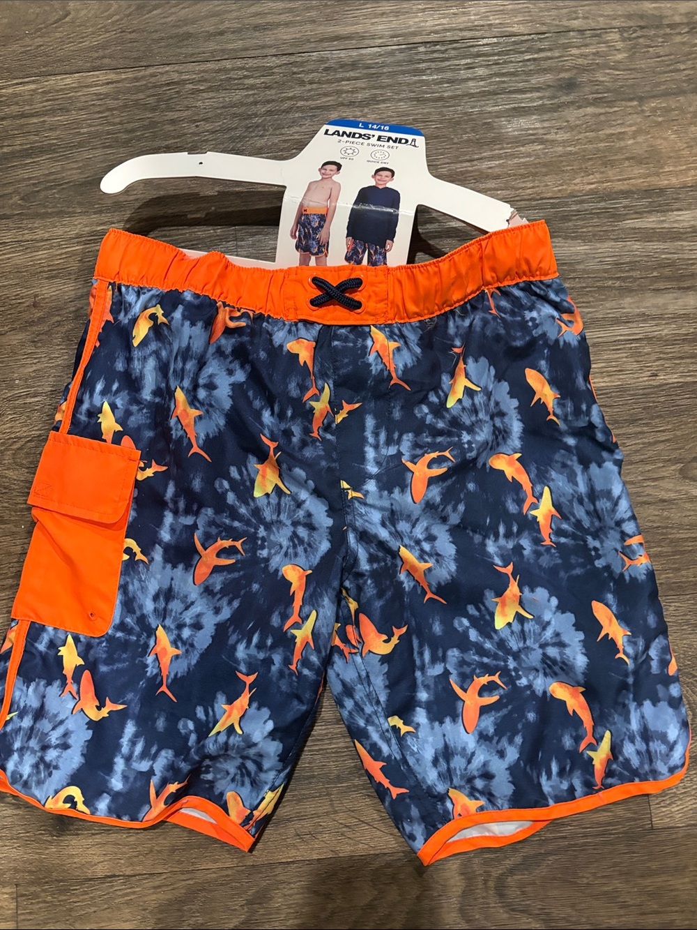 FREE in bundle Lands' End Navy & Orange Shark Tie-Dye Swim Shorts boys L